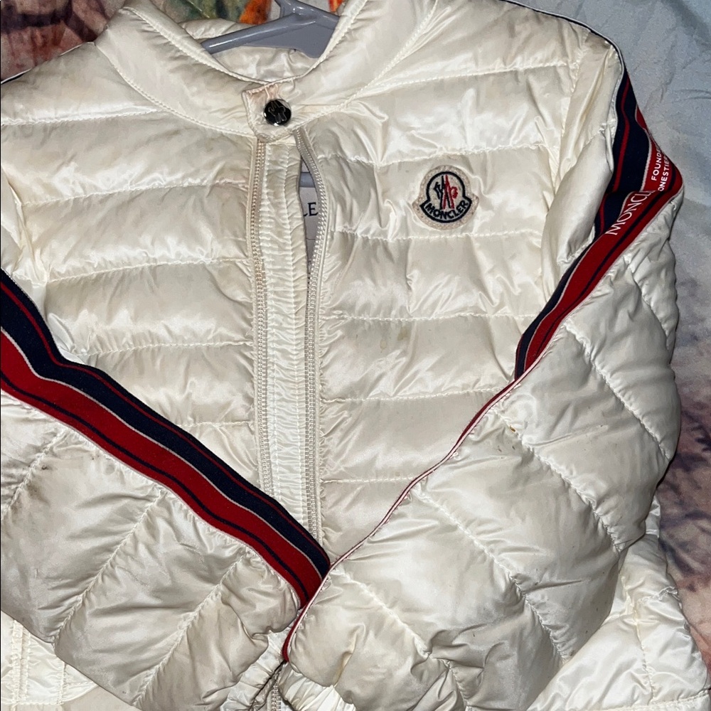 Moncler Kids Ivory Puffer Jacket with Red Accents